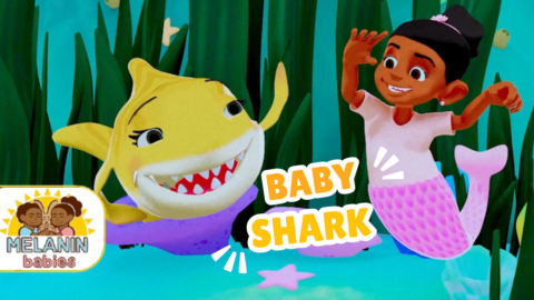 Animated scene of diverse baby sharks, mama sharks, and papa sharks swimming in a moonlit ocean. Soft blue hues with gentle bubbles and swaying seaweed. Musical notes float around, representing the lullaby. Text overlay reads 'Sleepy Sharks: Melanin Babies' Soothing Ocean Lullaby'. Characters reflect diverse representation in children's media