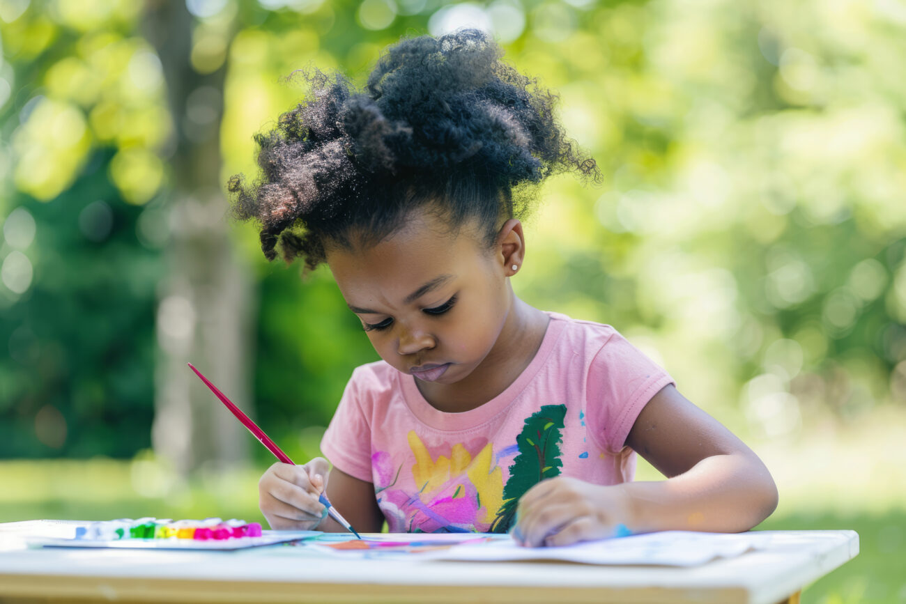 Young child with dark skin painting colorfully on large paper, smiling with joy