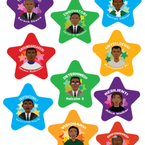 Set of 10 colorful vinyl stickers featuring illustrated Black historical figures in a modern, child-friendly style. Each sticker shows a prominent Black leader with their name and signature achievement