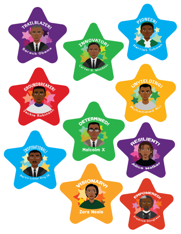 Set of 10 colorful vinyl stickers featuring illustrated Black historical figures in a modern, child-friendly style. Each sticker shows a prominent Black leader with their name and signature achievement