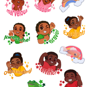 Educational sticker set featuring six American Sign Language hand signs, a friendly frog character, and a colorful rainbow fish, designed for children's ASL learning