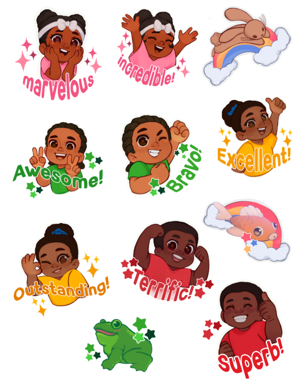 Educational sticker set featuring six American Sign Language hand signs, a friendly frog character, and a colorful rainbow fish, designed for children's ASL learning